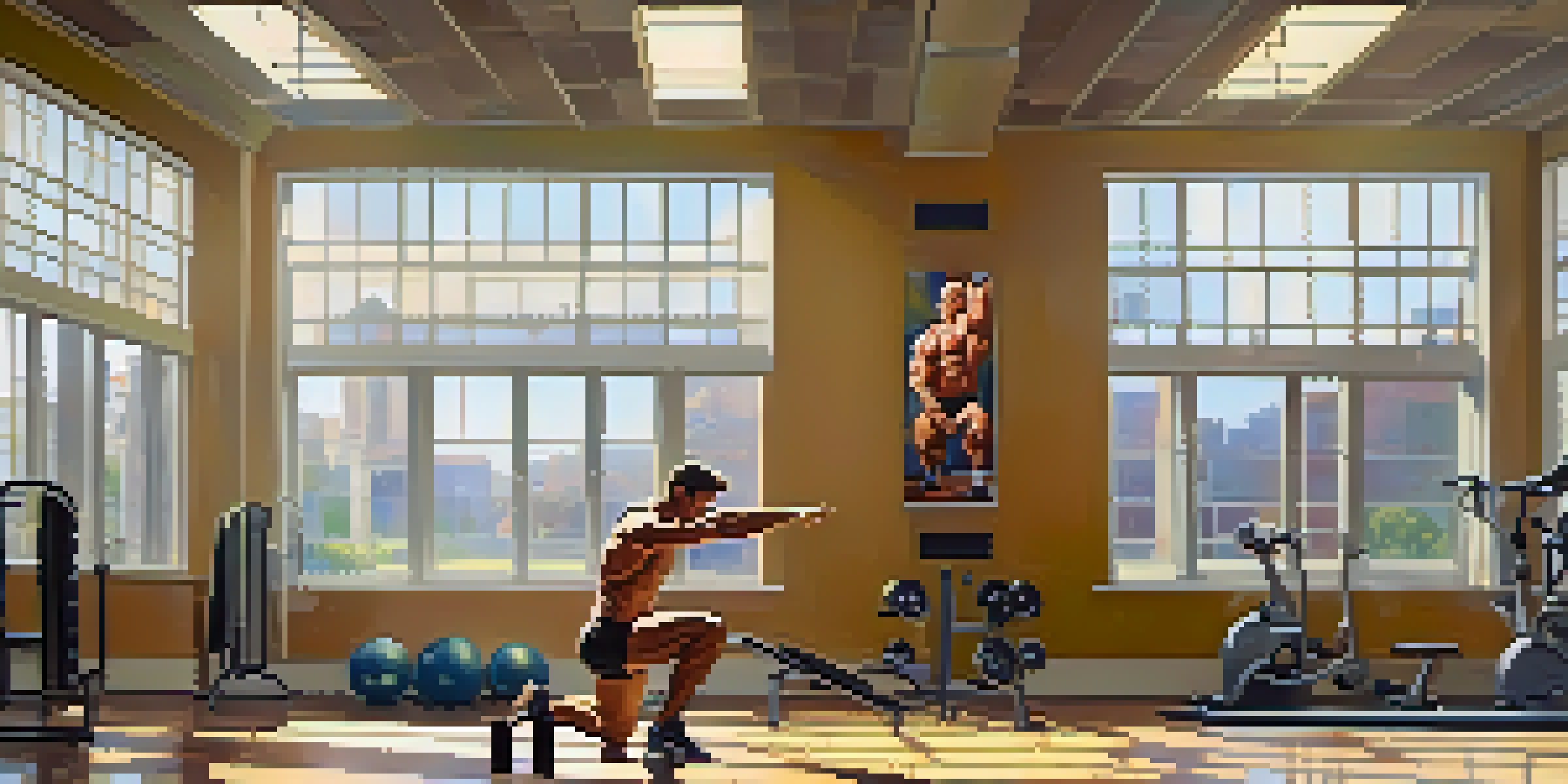 A bodybuilder performing leg swings as part of a warm-up routine in a bright gym.