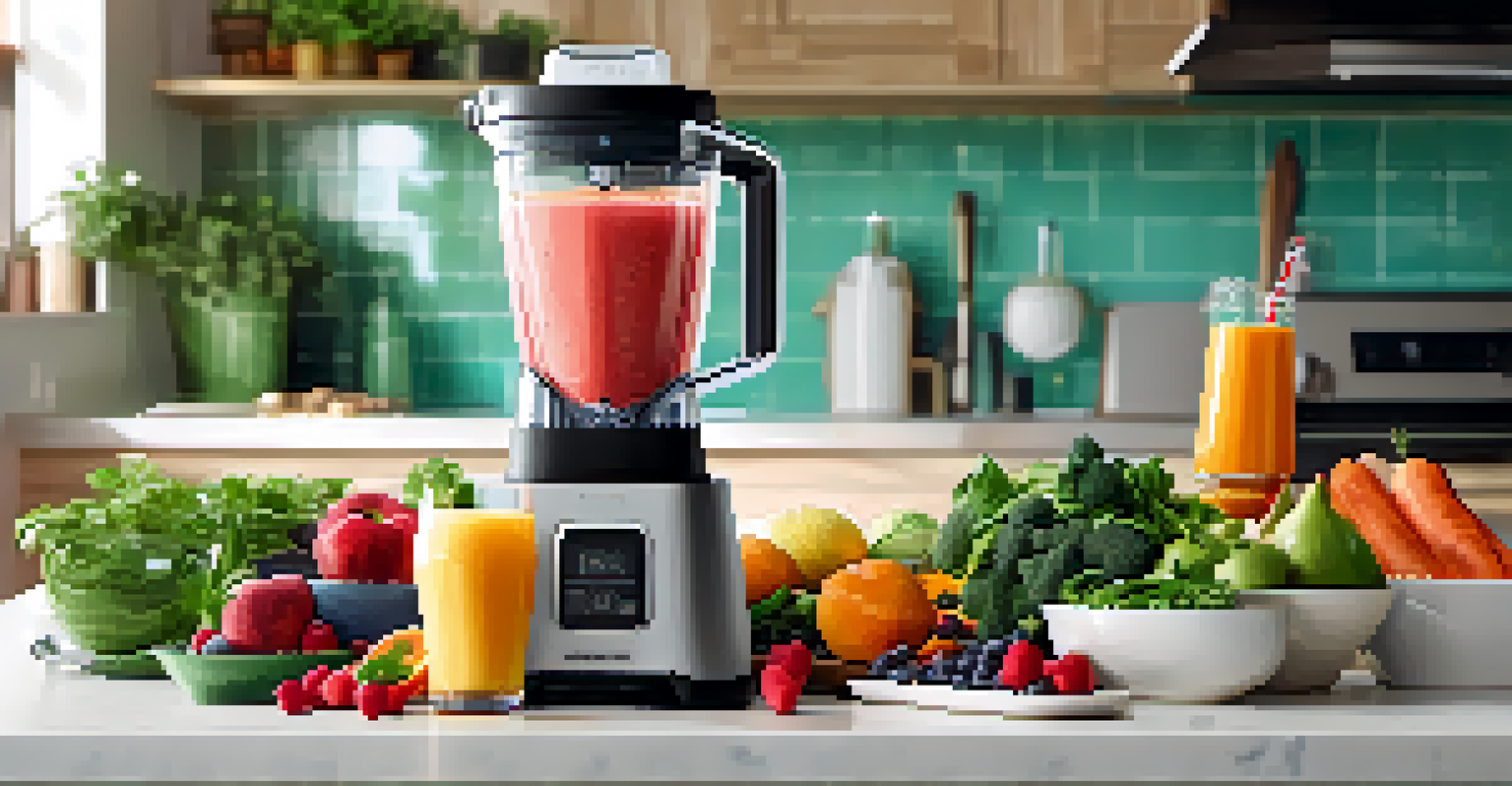 A close-up of a blender pouring a smoothie into a cup, surrounded by fresh fruits and vegetables on a kitchen counter.