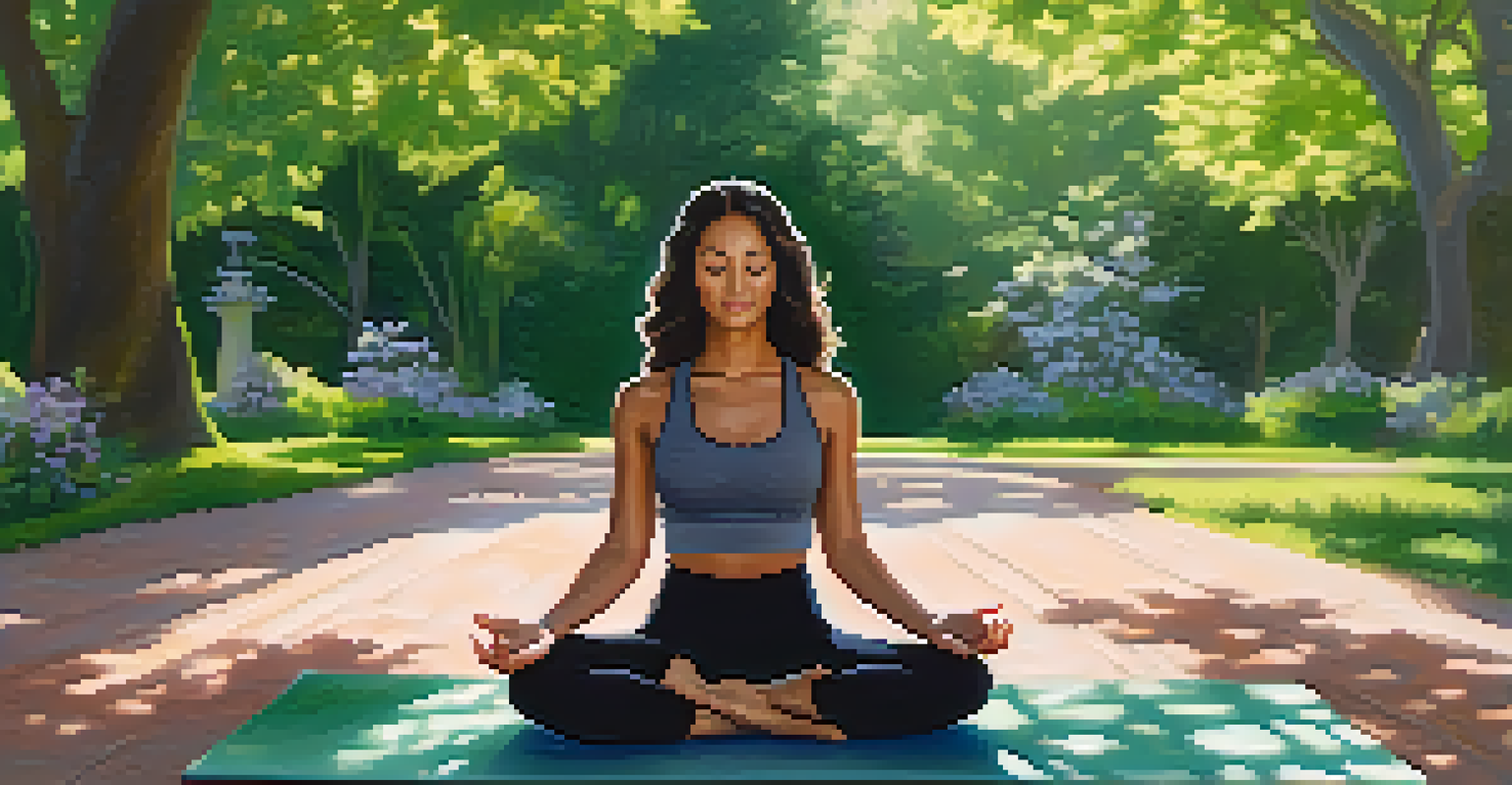 A person sitting cross-legged on a yoga mat in a lush park, practicing mindfulness after a workout, surrounded by greenery and sunlight.