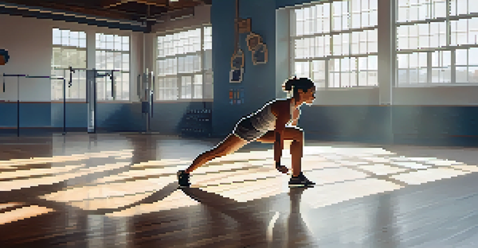 An athlete doing dynamic stretches in a gym, with sunlight streaming through windows and gym equipment visible in the background.