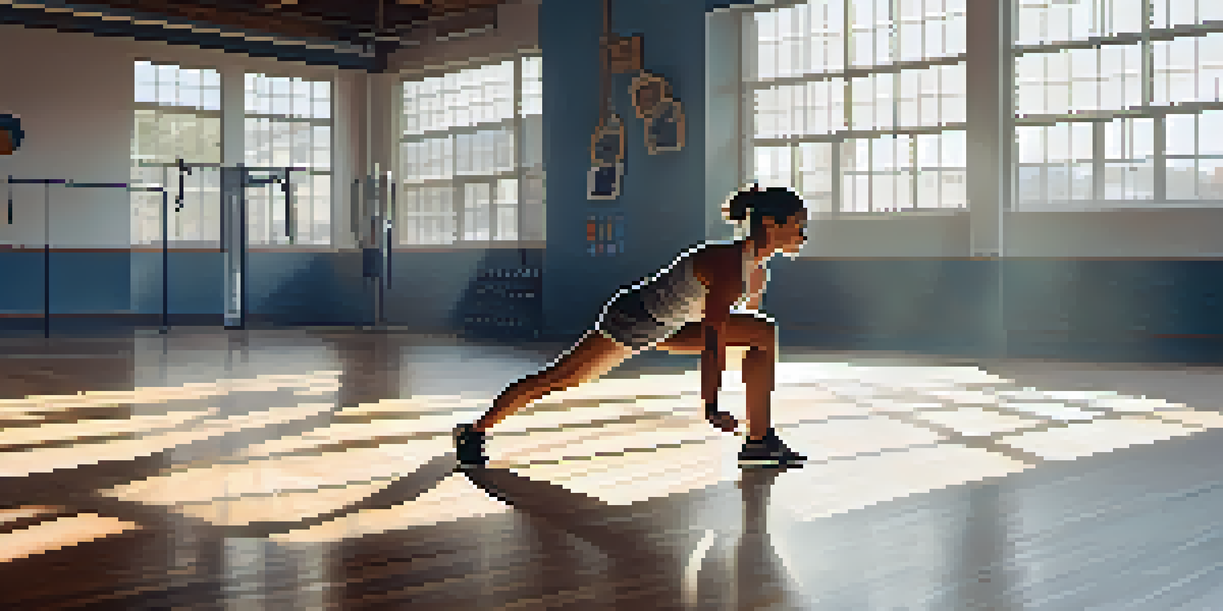 An athlete doing dynamic stretches in a gym, with sunlight streaming through windows and gym equipment visible in the background.