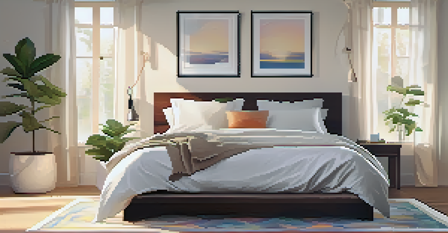 A peaceful bedroom with a cozy bed, a nightstand with water, and a yoga mat for relaxation.