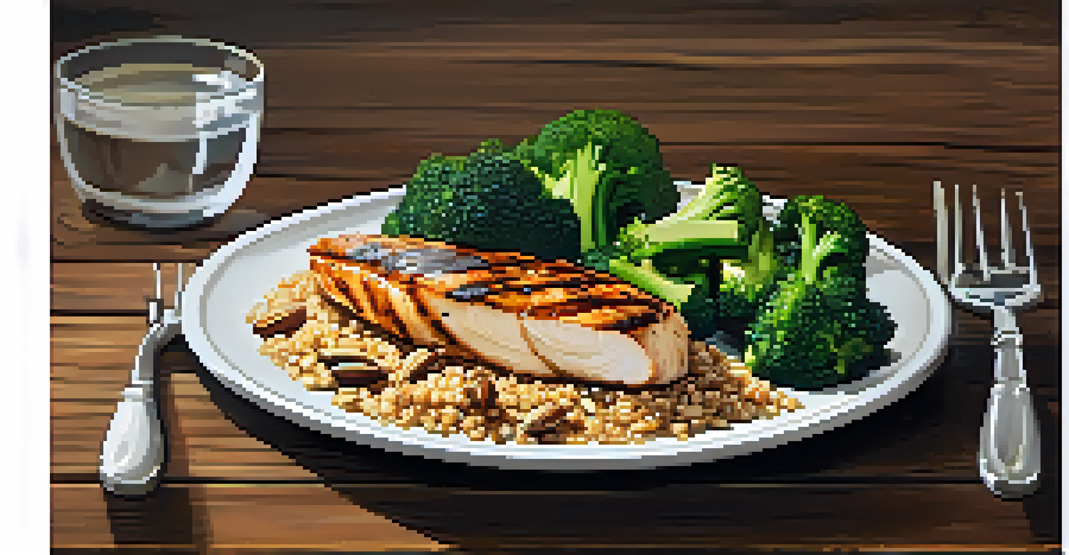 A beautifully arranged plate of grilled chicken, quinoa, broccoli, and nuts, showcasing a nutritious meal for bodybuilders.