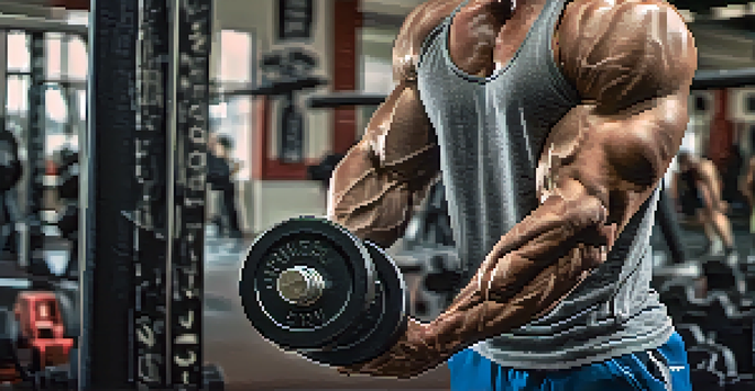 A muscular arm lifting a dumbbell in a gym, highlighting defined muscles and a bright gym background.