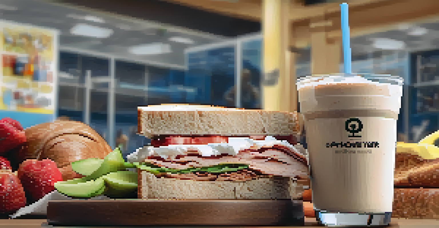 A protein shake and turkey sandwich on a gym bench, with gym equipment in the background and motivational decor.
