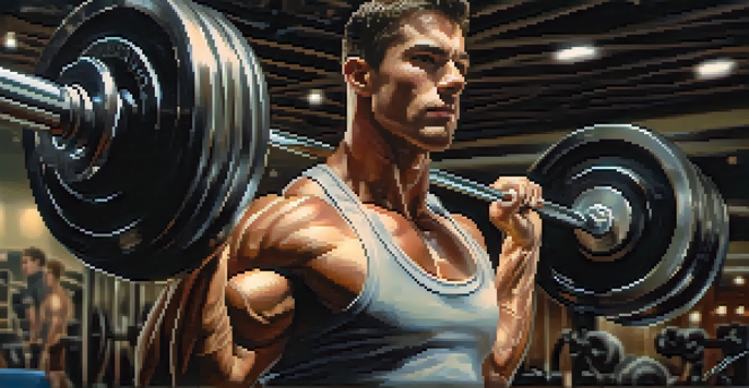A muscular athlete lifting weights in a dimly lit gym, showcasing intense focus and effort.
