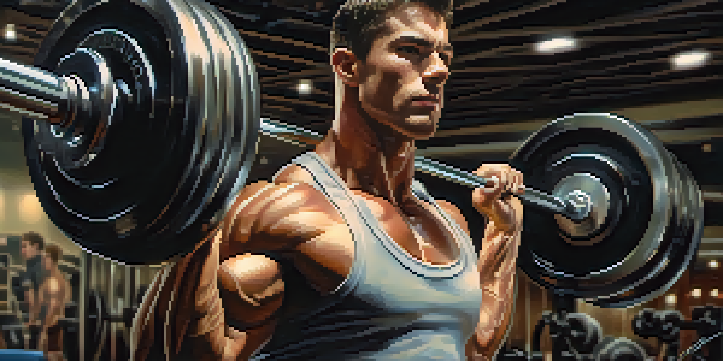 A muscular athlete lifting weights in a dimly lit gym, showcasing intense focus and effort.