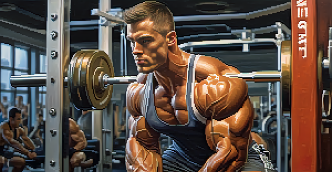 A bodybuilder lifting weights in a gym, showcasing muscle definition and determination with sweat on their skin.