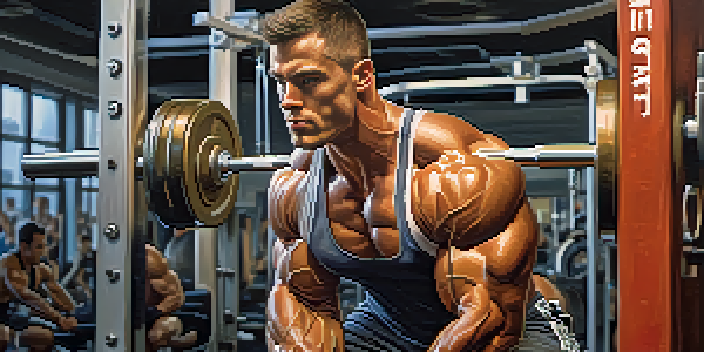 A bodybuilder lifting weights in a gym, showcasing muscle definition and determination with sweat on their skin.