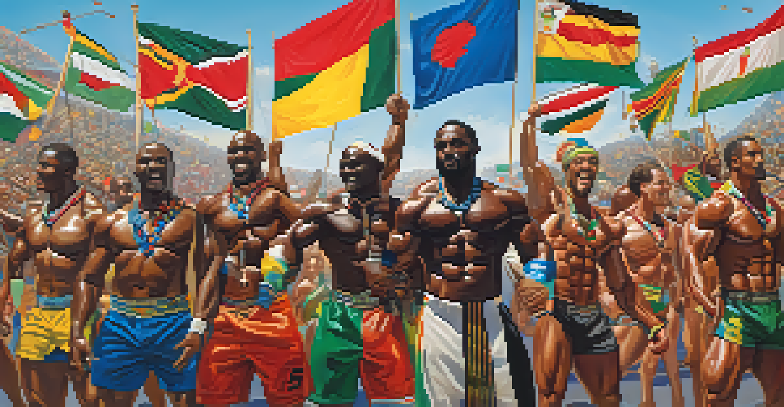 A group of diverse African athletes competing in bodybuilding, with traditional attire and modern gym wear, surrounded by a cheering crowd.