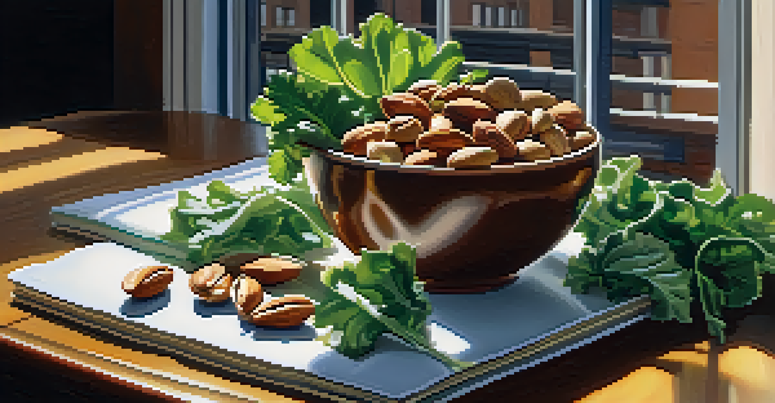 A close-up of a healthy evening snack with mixed nuts and leafy greens, illuminated by soft evening sunlight on a wooden table.