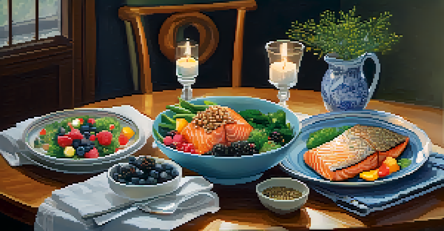 A dining table with a nutritious meal of grilled salmon, quinoa, and vegetables, enhanced by candlelight and flowers, promoting mindful eating.