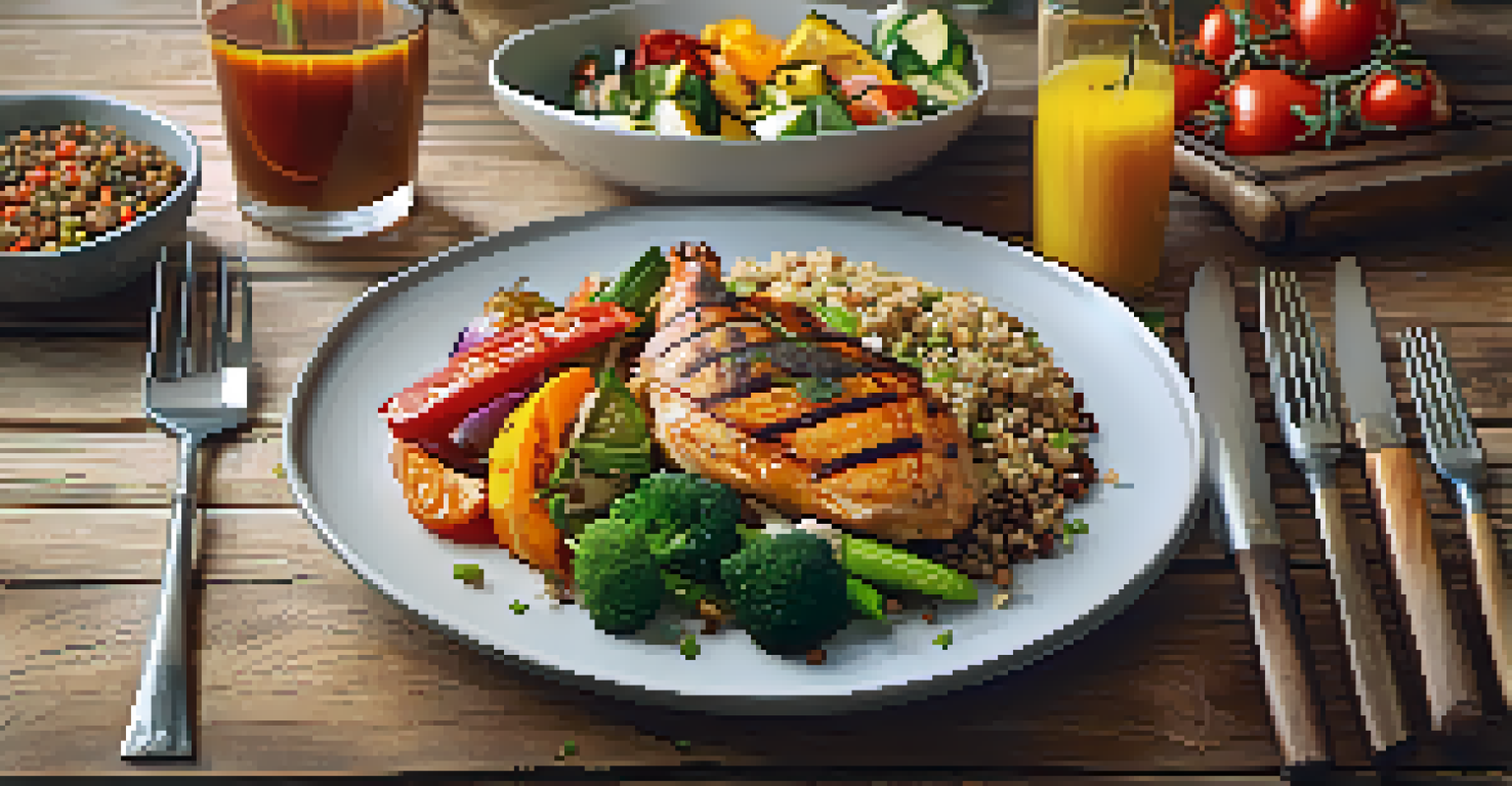 A close-up of a healthy meal with grilled chicken, quinoa, and vegetables on a wooden table.