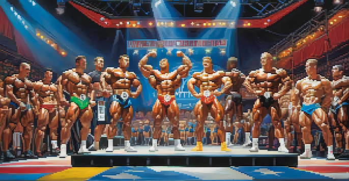 Diverse bodybuilders posing on stage during a competition, with bright lights and an enthusiastic audience.