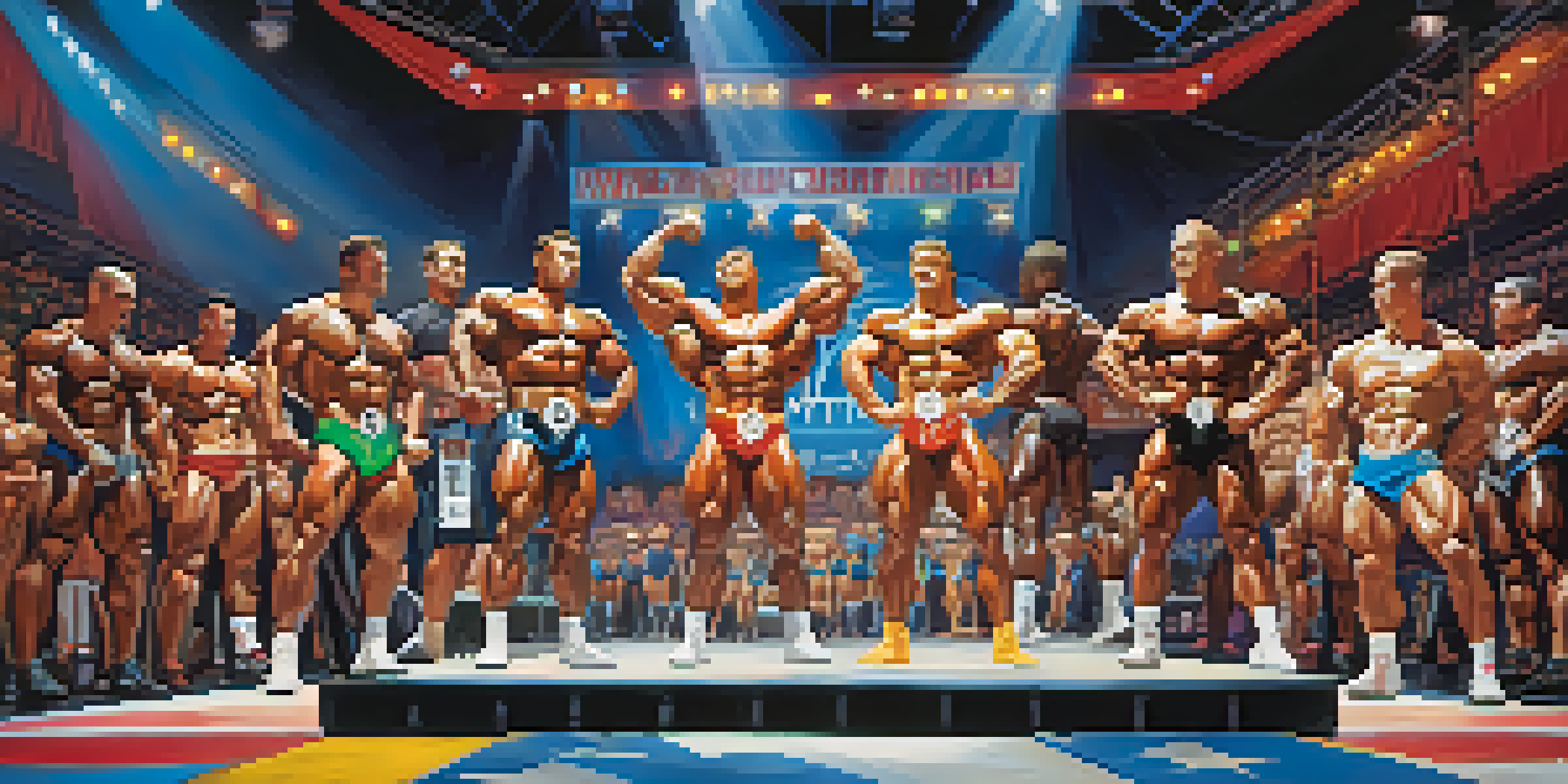 Diverse bodybuilders posing on stage during a competition, with bright lights and an enthusiastic audience.