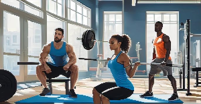 A diverse group of people in a bright gym doing strength training exercises like squats and push-ups, with natural light coming through large windows.