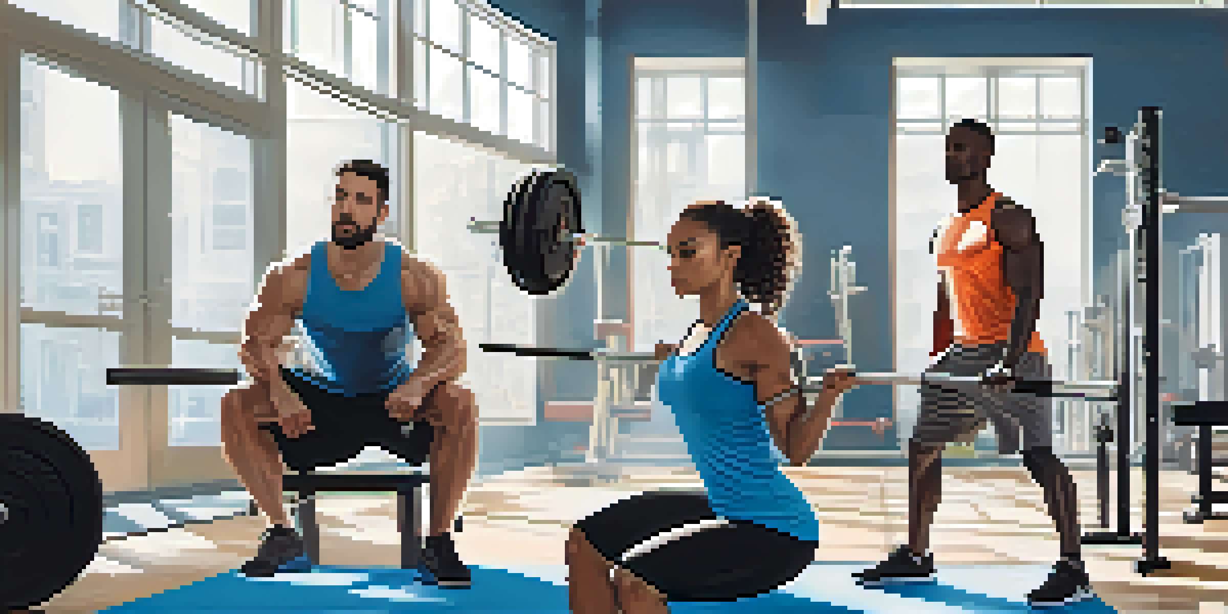 A diverse group of people in a bright gym doing strength training exercises like squats and push-ups, with natural light coming through large windows.