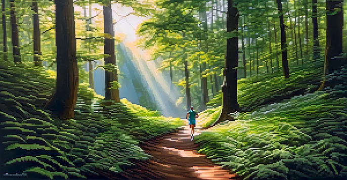 A runner navigating a scenic forest trail with sunlight filtering through the trees, surrounded by vibrant greenery.