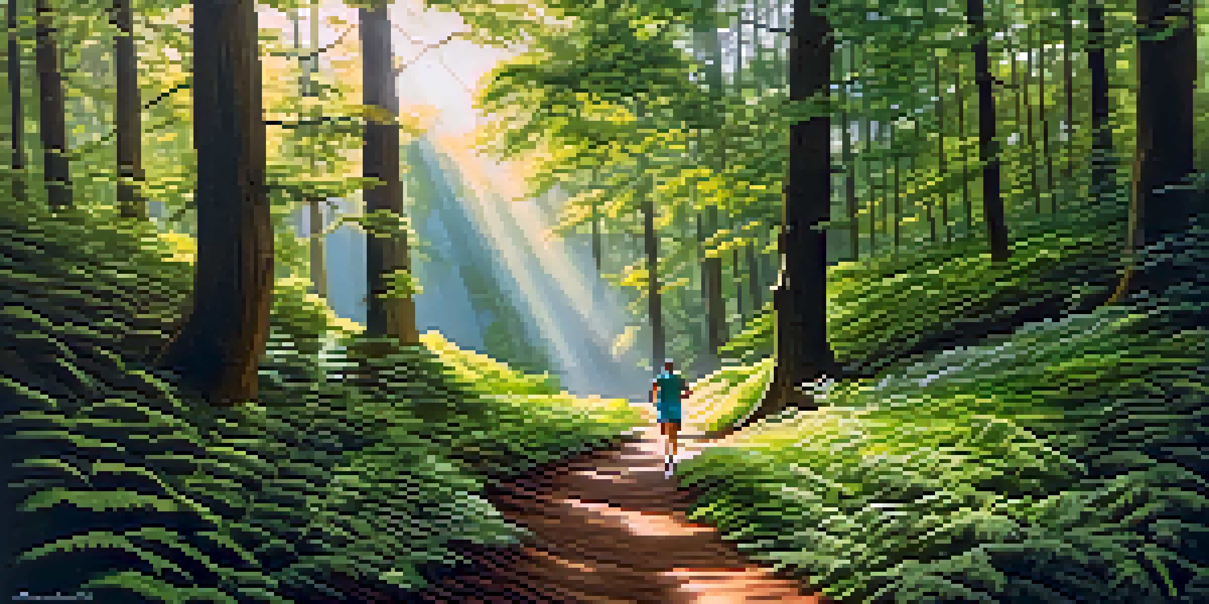 A runner navigating a scenic forest trail with sunlight filtering through the trees, surrounded by vibrant greenery.