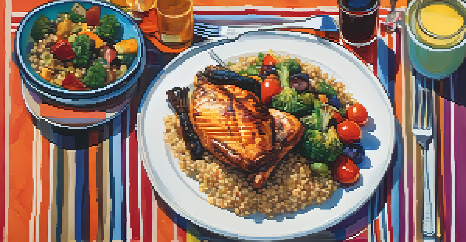 A close-up of a hand holding a fork above a colorful, healthy meal on a table, emphasizing the art of savoring food.
