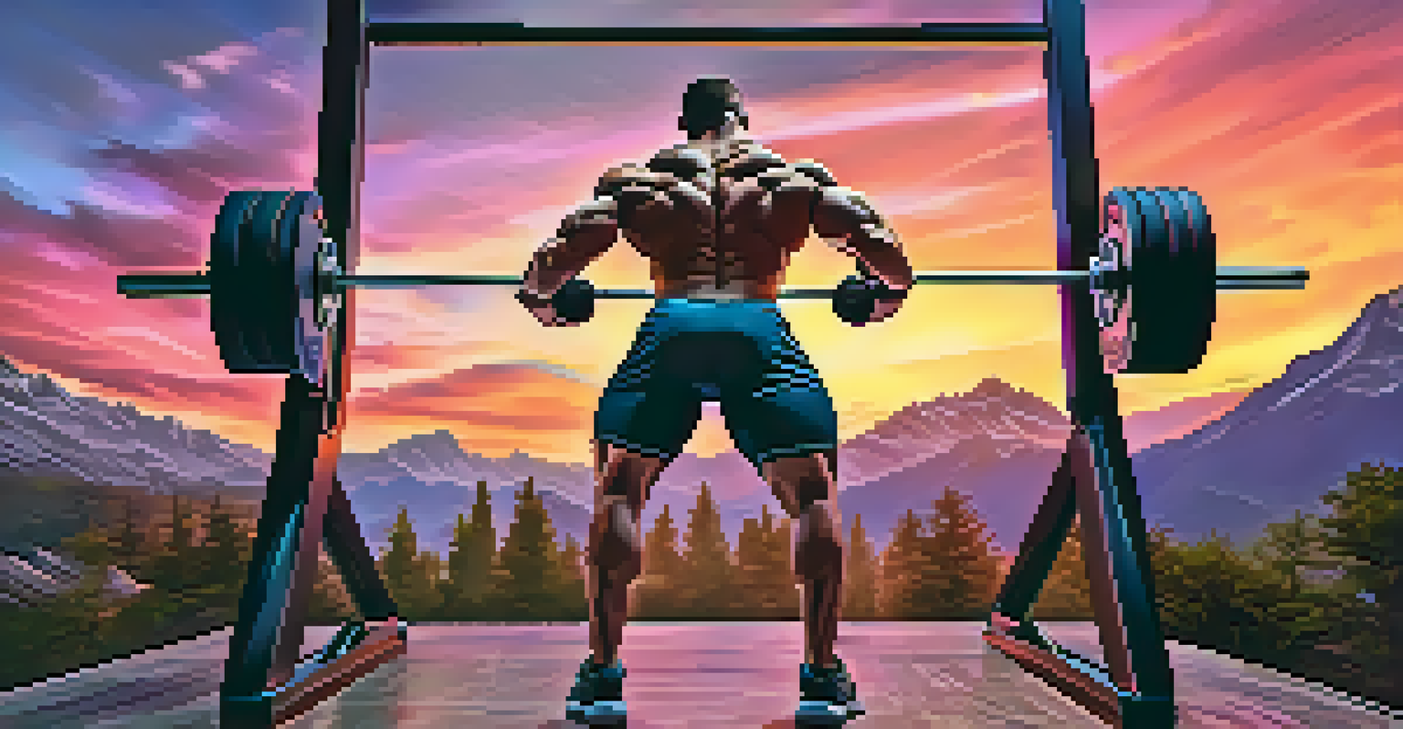 A bodybuilder lifting weights in a picturesque outdoor virtual environment during sunset, with muscle engagement graphics displayed.