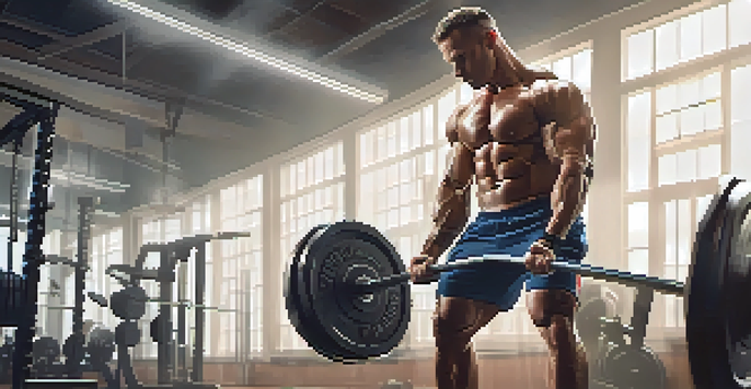 A bodybuilder lifting weights in a gym, displaying focus and determination along with visible muscles and sweat.