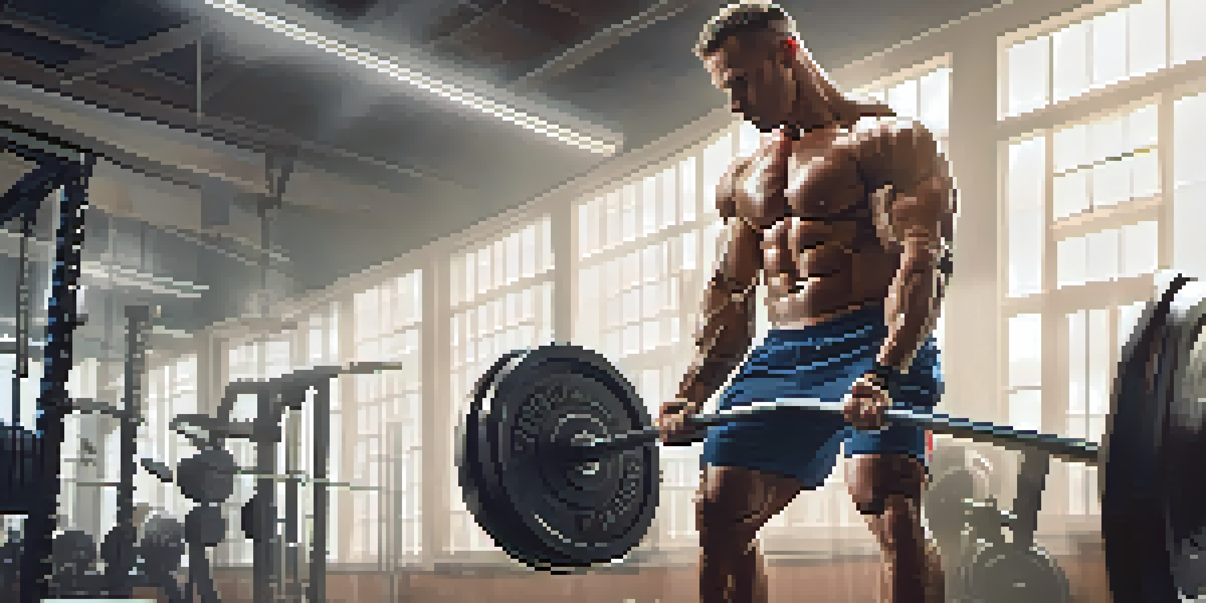 A bodybuilder lifting weights in a gym, displaying focus and determination along with visible muscles and sweat.