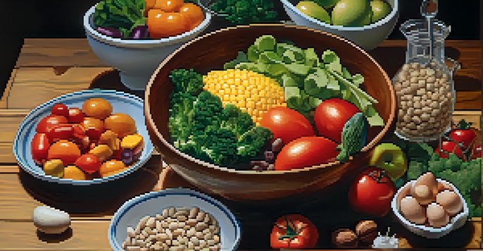 A bowl filled with colorful natural foods including lean meats, eggs, nuts, and vegetables on a wooden table, illuminated by soft natural light.