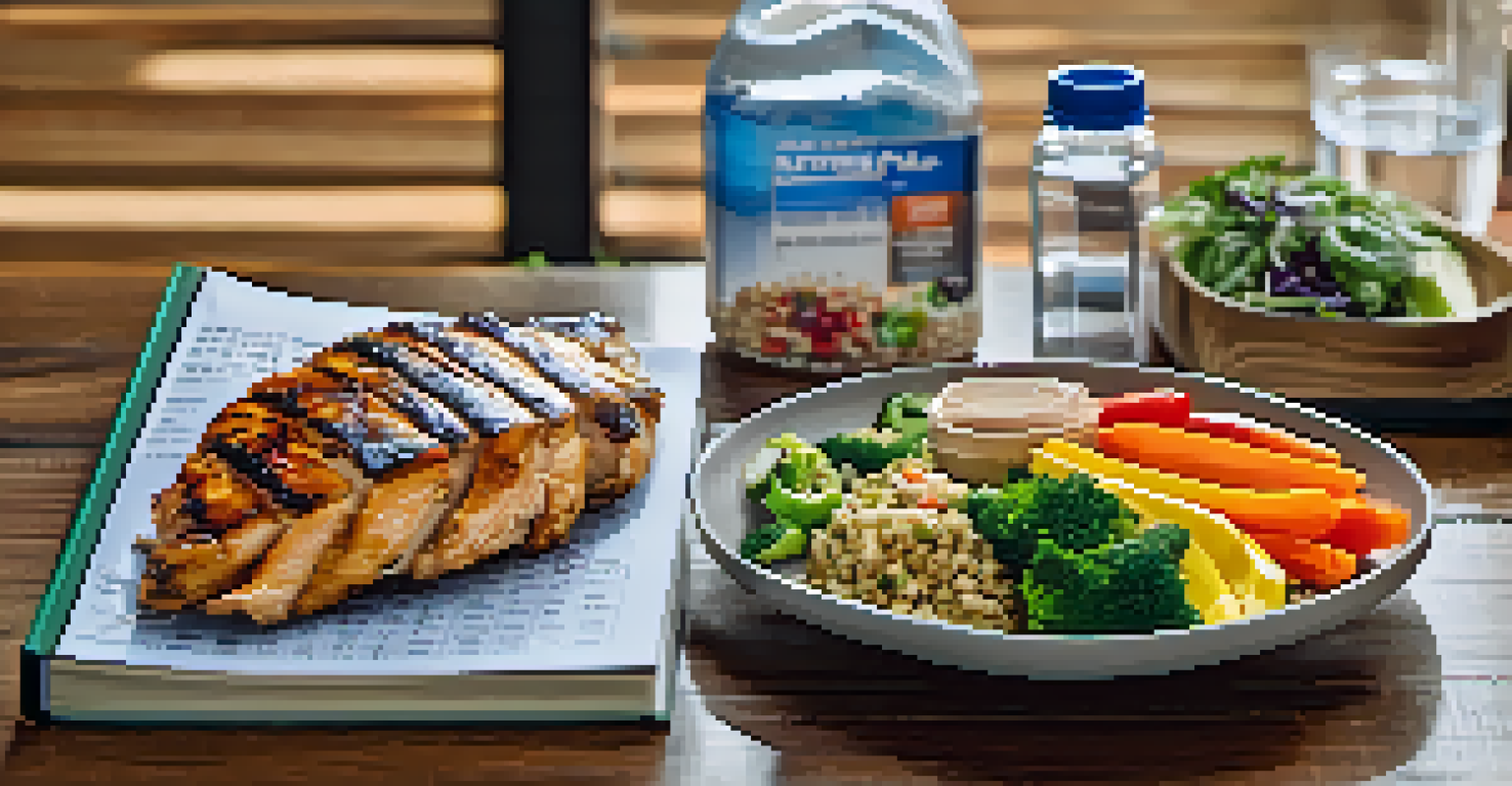 A colorful post-workout meal with grilled chicken, quinoa, and fresh vegetables, surrounded by fitness-related items.