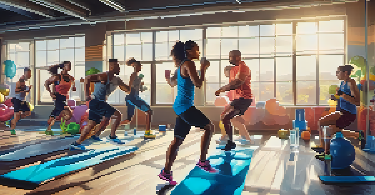 A group of diverse athletes in a gym, each holding a water bottle while exercising, with sunlight streaming in through windows.