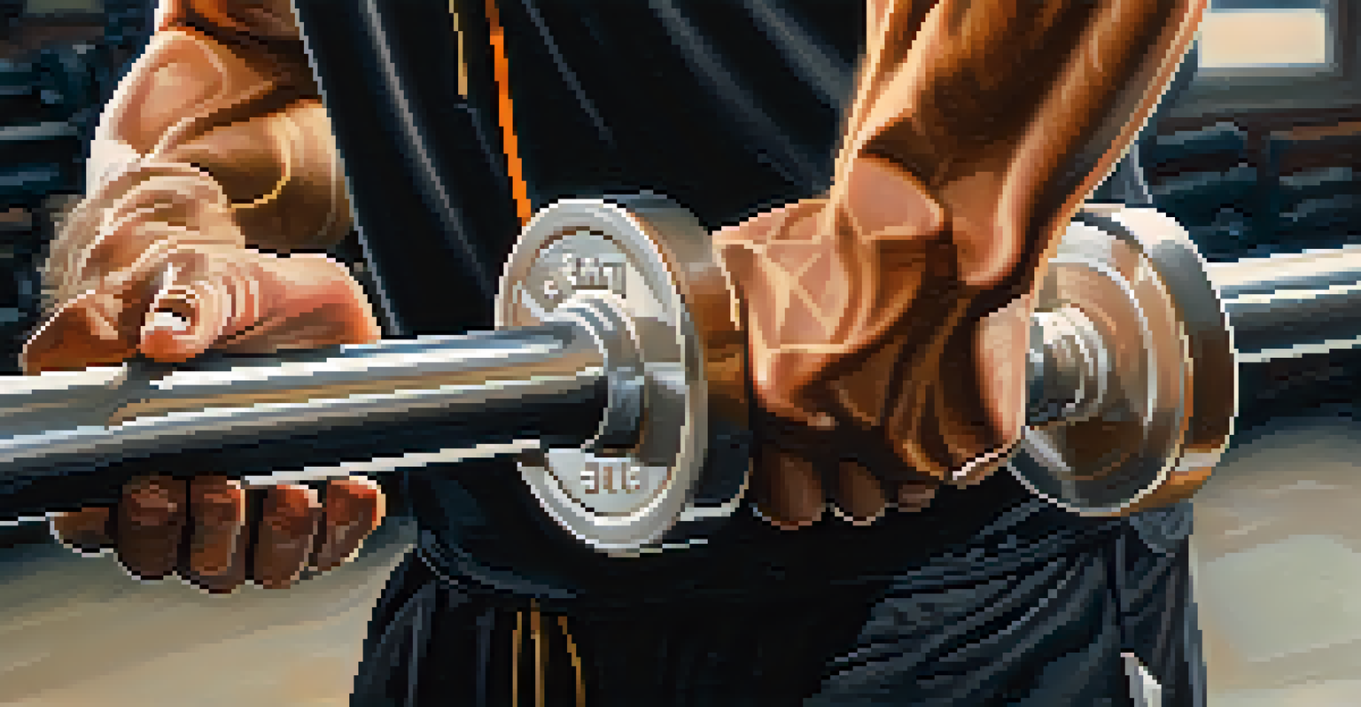 A close-up of a person's hands gripping a barbell, with sweat on their forearms, emphasizing the intensity of their workout.