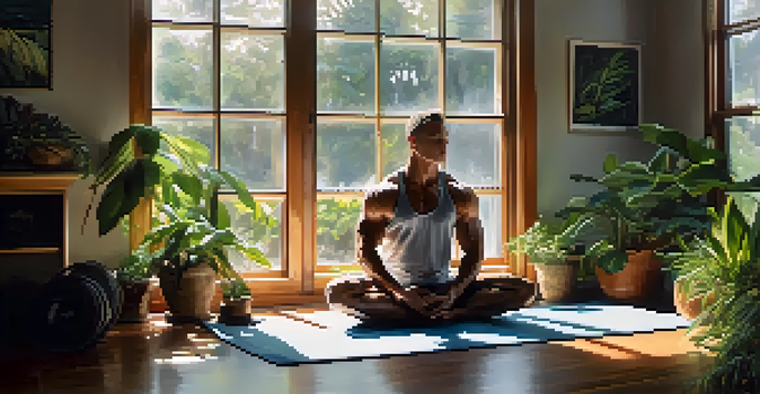 A bodybuilder meditating on a yoga mat in a calm indoor space, surrounded by plants and fitness equipment, with soft light enhancing the peaceful atmosphere.