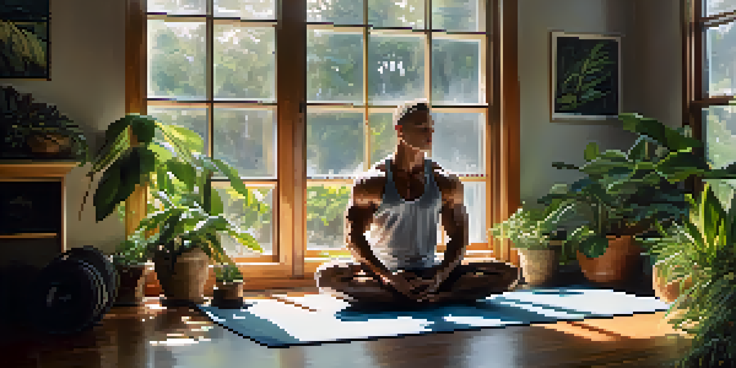 A bodybuilder meditating on a yoga mat in a calm indoor space, surrounded by plants and fitness equipment, with soft light enhancing the peaceful atmosphere.