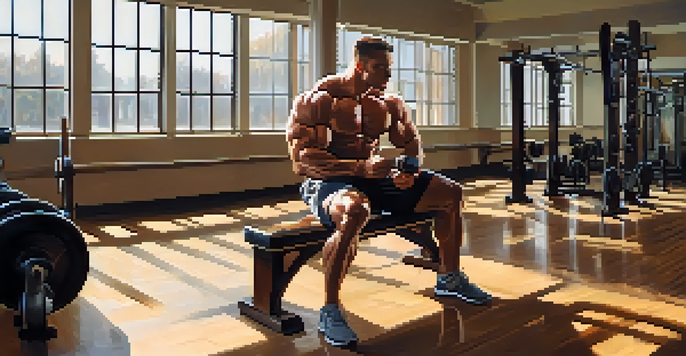 A bodybuilder resting on a bench in a gym, drinking a protein shake, with sunlight streaming through windows and weights around.