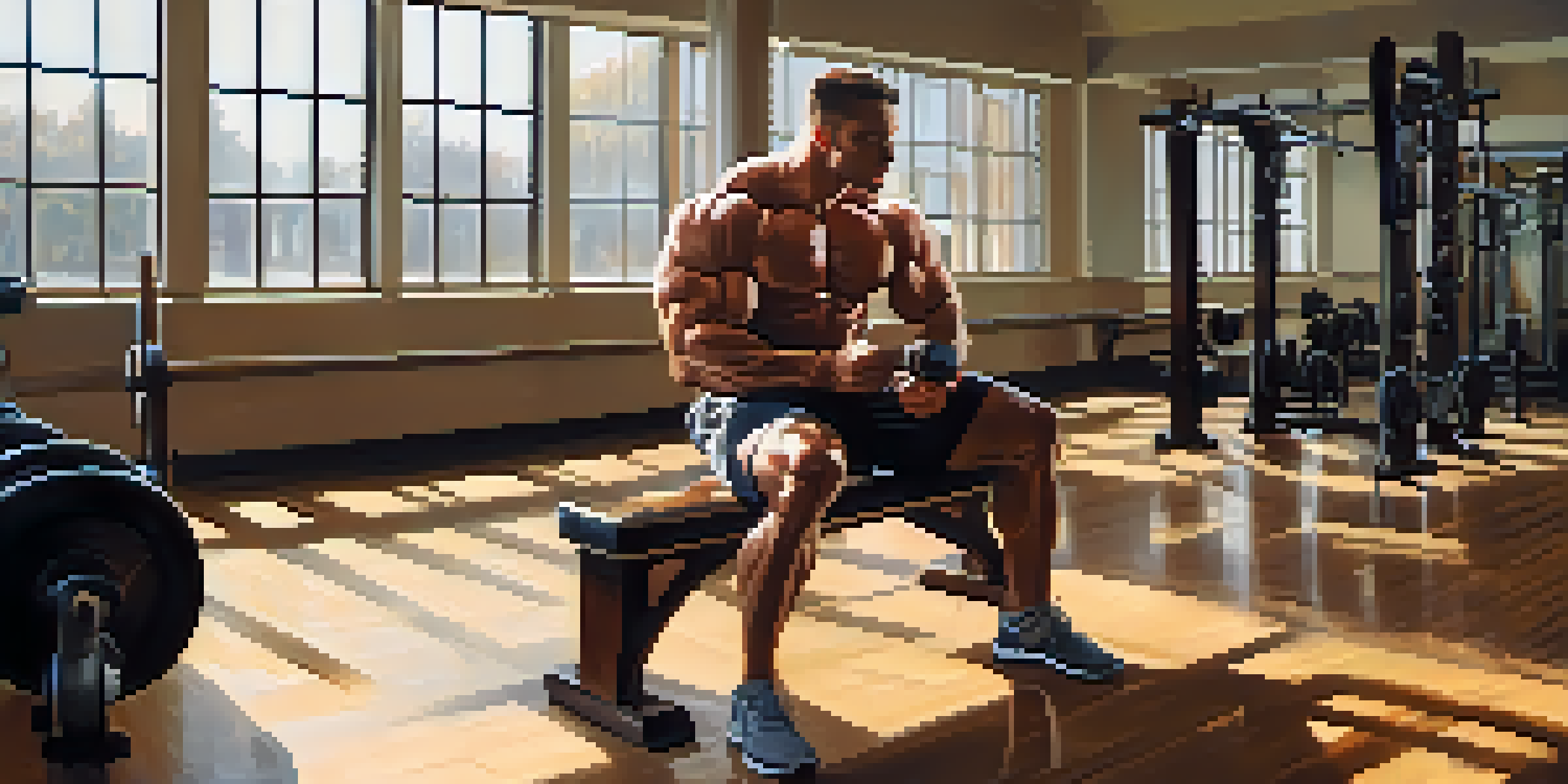 A bodybuilder resting on a bench in a gym, drinking a protein shake, with sunlight streaming through windows and weights around.