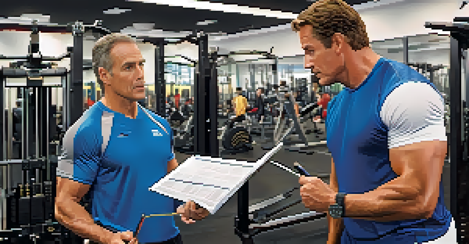 A coach and athlete engaged in a serious discussion in a well-equipped gym.