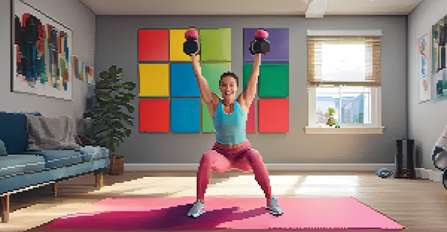A person performing a burpee in a vibrant home gym, surrounded by exercise equipment.
