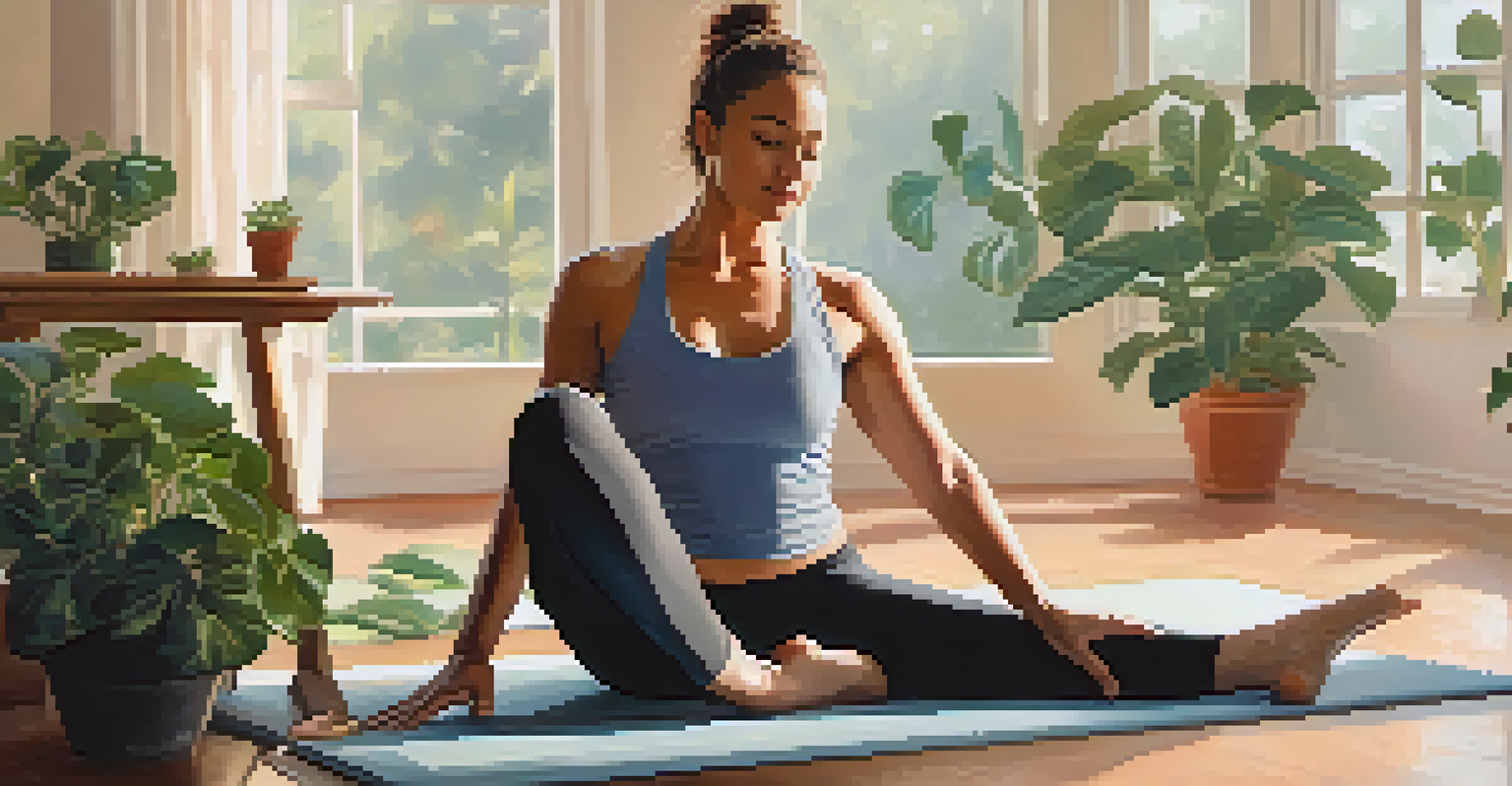 An individual stretching on a yoga mat in a peaceful home setting after a workout.