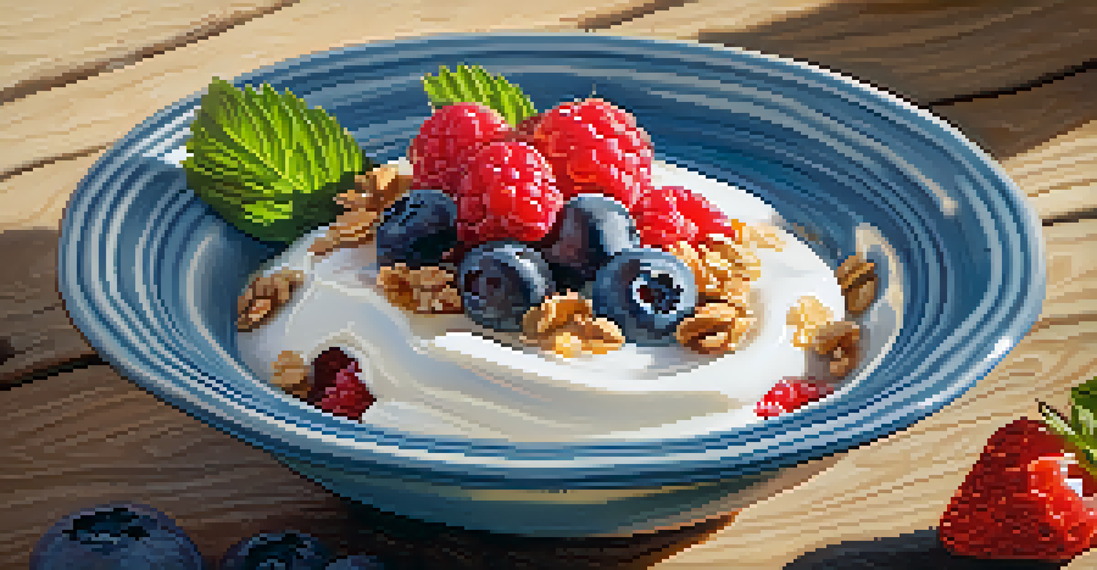 A bowl of Greek yogurt adorned with fresh berries, honey, and granola, set on a rustic wooden table with soft morning light.