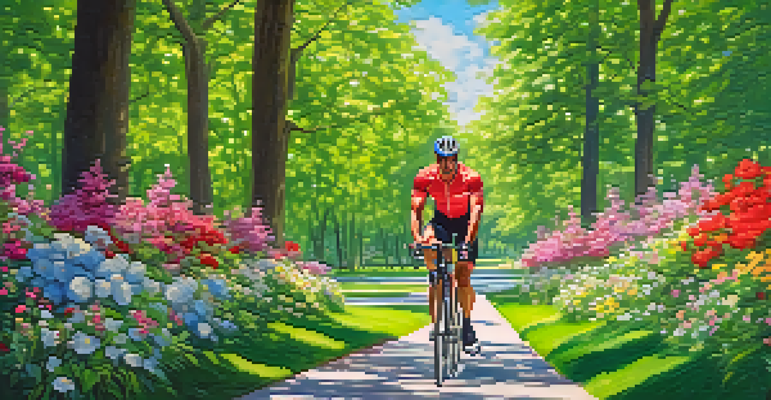 A bodybuilder cycling in a park, surrounded by greenery and flowers, with a clear blue sky above.