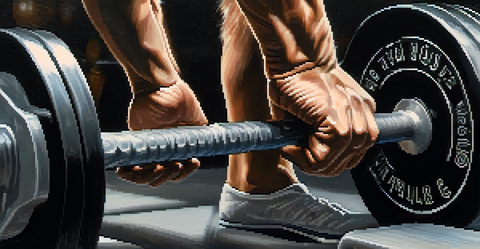 Close-up of hands gripping a barbell in a gym, with a blurred background of gym lights and equipment.