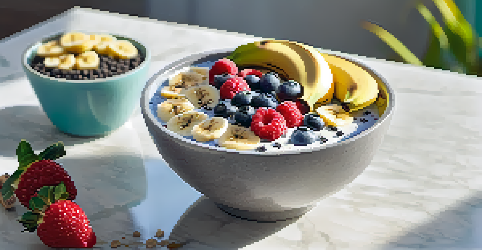 A close-up of a smoothie bowl topped with fruits and chia seeds, placed on a marble countertop.
