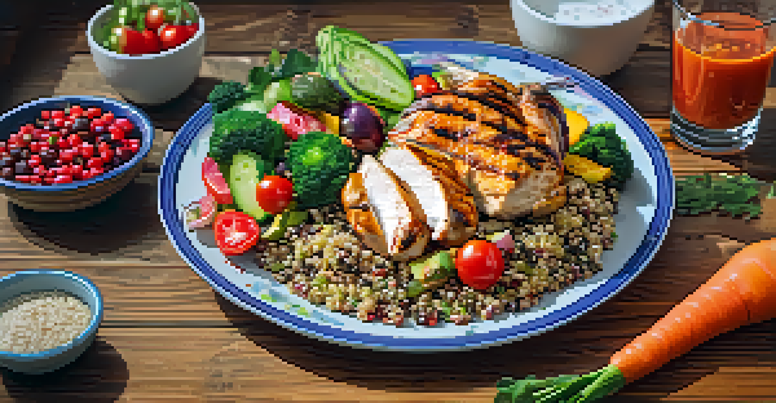 A vibrant plate of grilled chicken, quinoa, and fresh vegetables on a wooden table, symbolizing healthy nutrition.