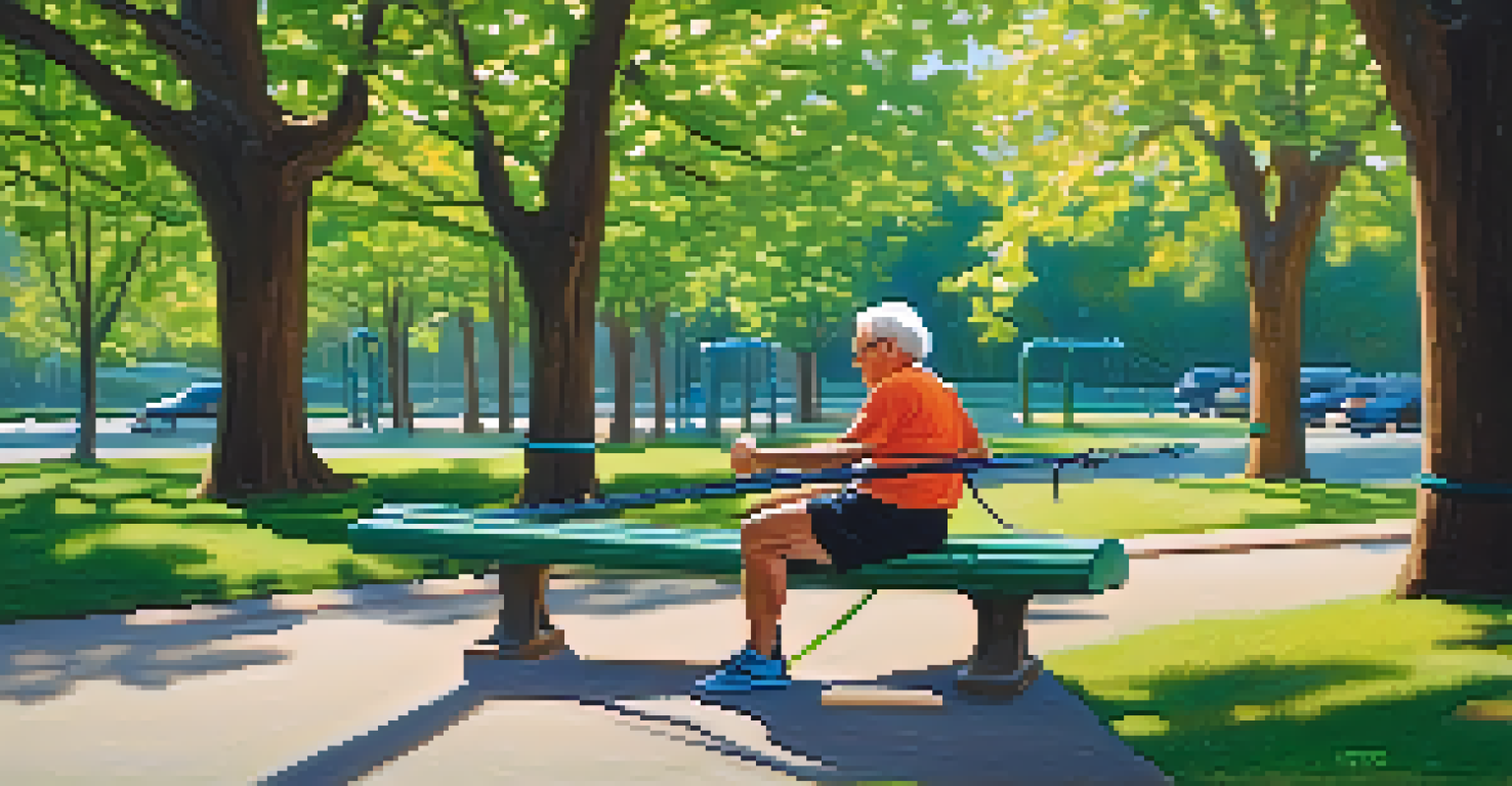 An older adult exercising with resistance bands in a sunny park, surrounded by green trees and a clear blue sky, showcasing fitness at any age.