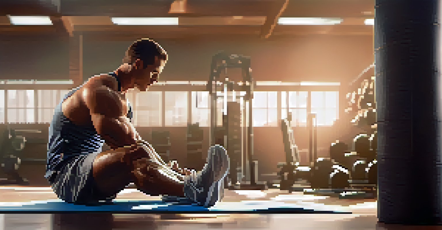 A bodybuilder sitting on a gym mat, holding a static stretch post-workout, with exercise equipment in the background and a serene atmosphere.