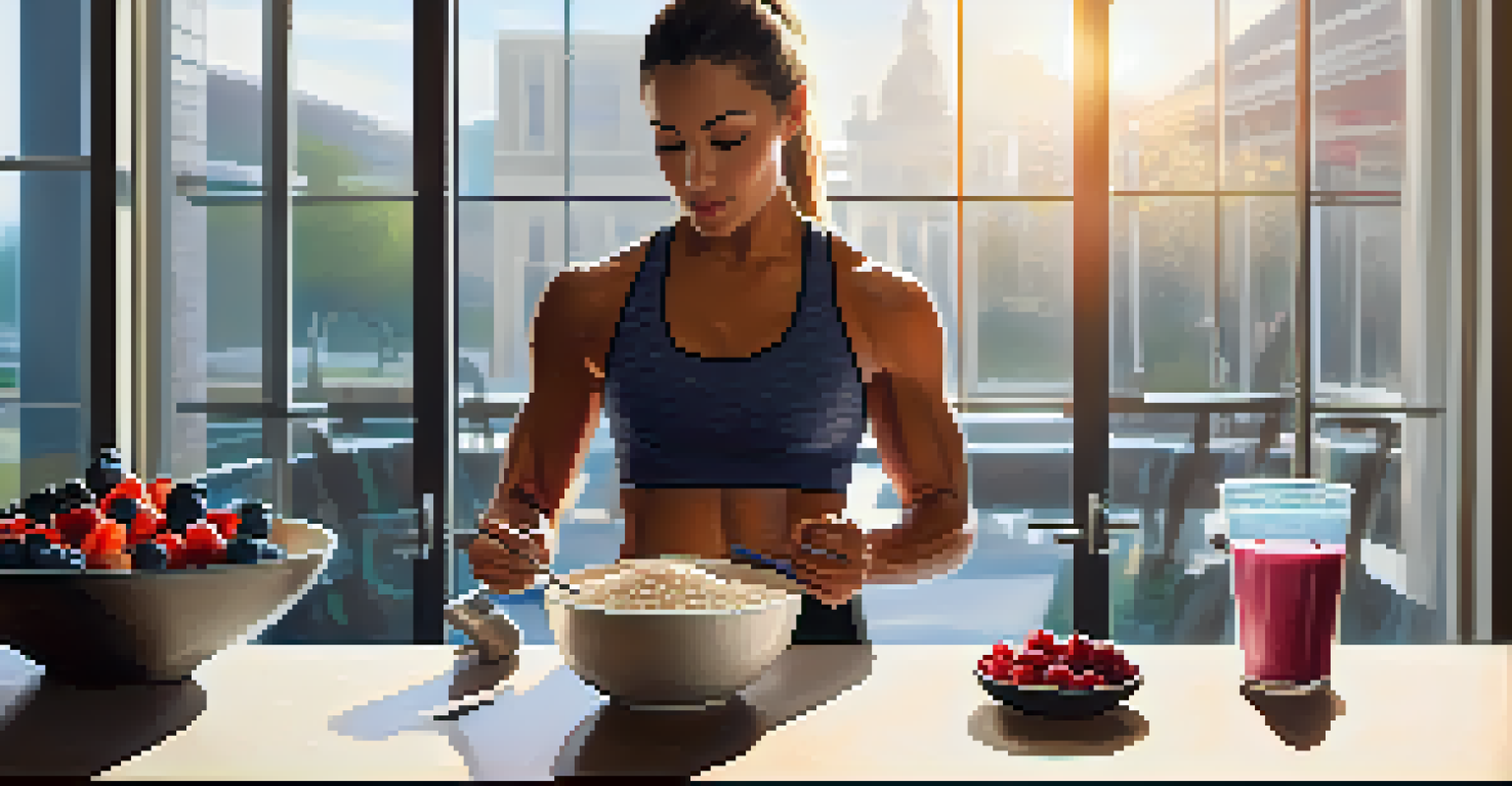A person in a gym preparing a nutritious pre-workout meal with a protein shake and oatmeal topped with berries.