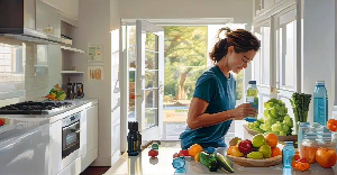 A person lifting water bottles in a modern kitchen, surrounded by fresh produce and sunlight.