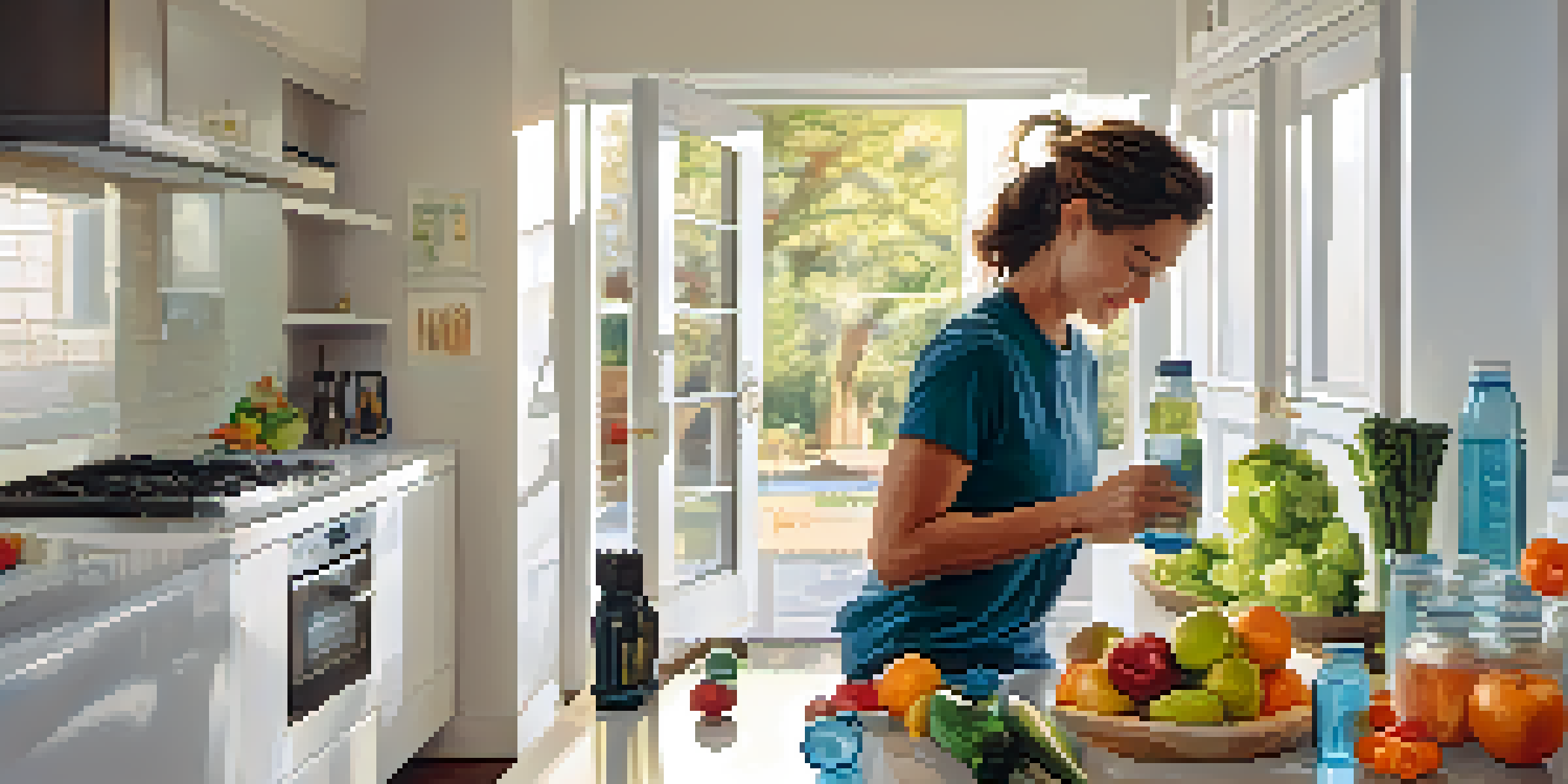 A person lifting water bottles in a modern kitchen, surrounded by fresh produce and sunlight.