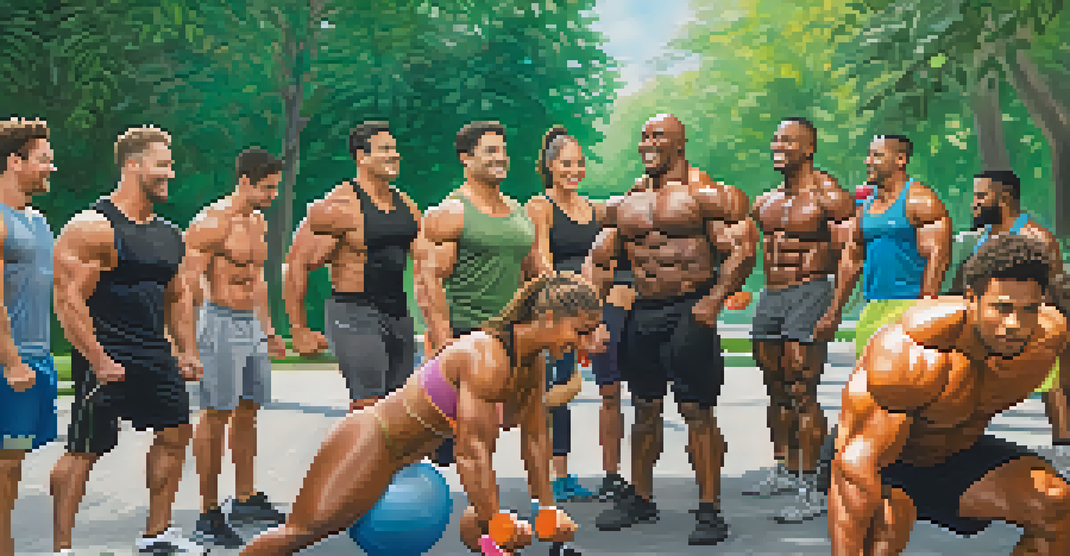 A diverse group of bodybuilders working out together outdoors, smiling and supporting each other.