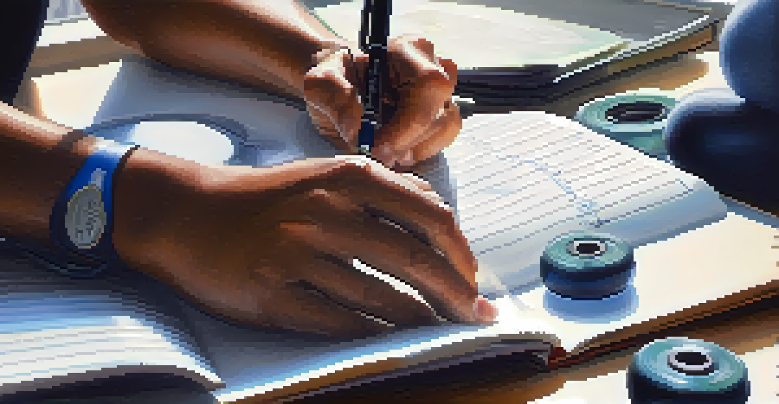 A close-up of a person writing in a journal about their fitness journey, surrounded by weights and a water bottle in the background.